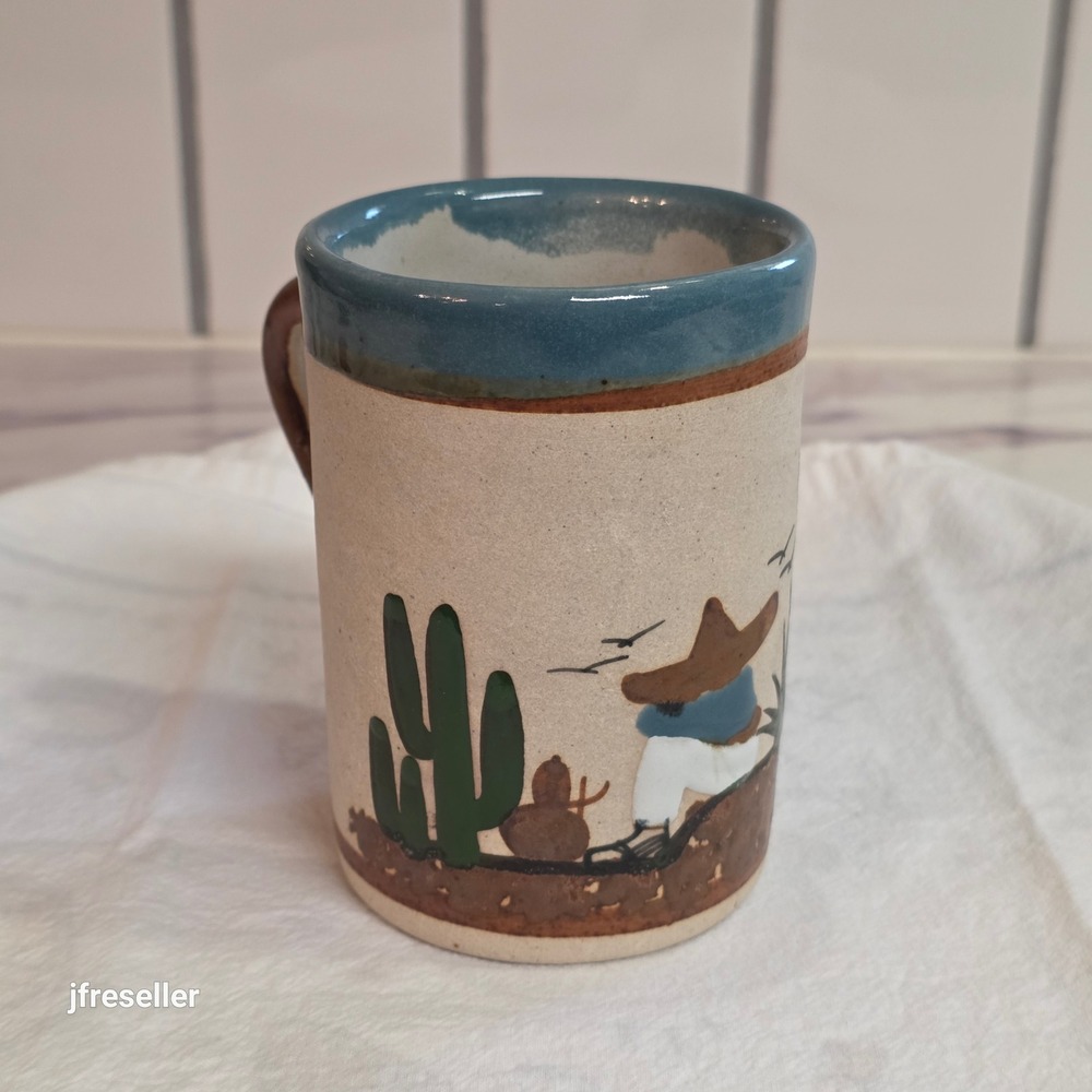 Vintage Tonala Mexico Hand Painted Stoneware Mug Saguaro Cactus Folk Art Pottery